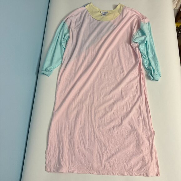 Vintage Full Length 100% Cotton Nightgown with 3/4 Sleeves Pink Blue Yellow - Picture 9 of 10